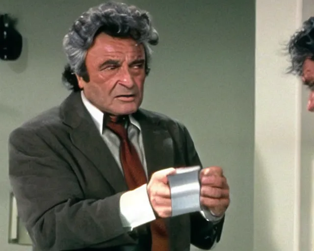 Image similar to peter falk as columbo interrogating missingno from pokemon, still shot