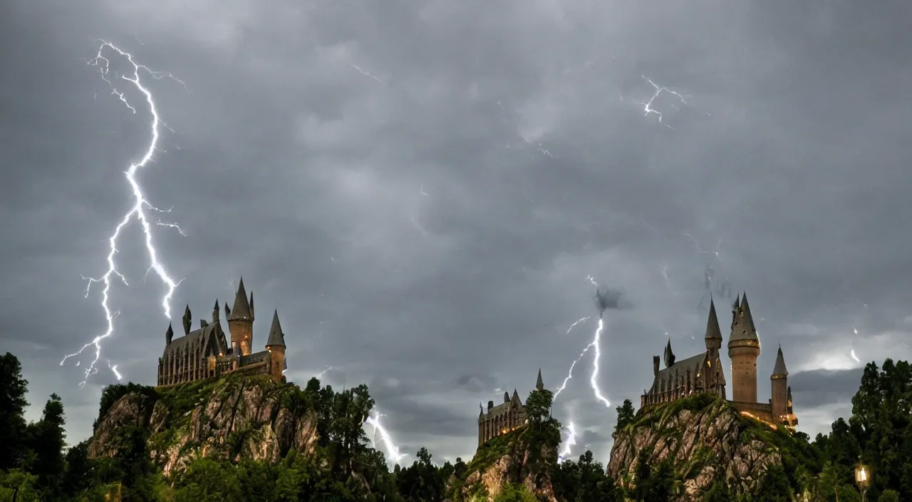 Prompt: slytherin harry potter flying with his wand forward. hogwarts castle and lightning strikes in the background. bad weather