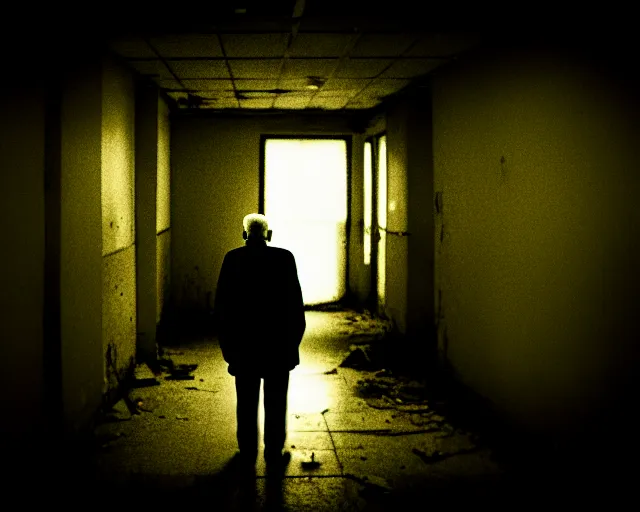 Image similar to creepy old man standing in the backrooms, the eerie forlorn atmosphere of a place that's usually bustling with people but is now abandoned and quiet, buzzing fluorescent lights above the ceiling, unsettling images, liminal space, dark,