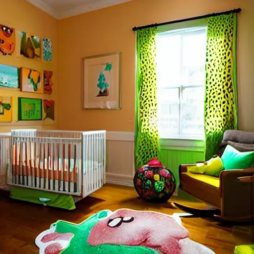 Prompt: interior design baby room, orange and green pastel colours, sunset, safari animals, lion water colours pictures against wall, wood cot and shelves with rocking chair