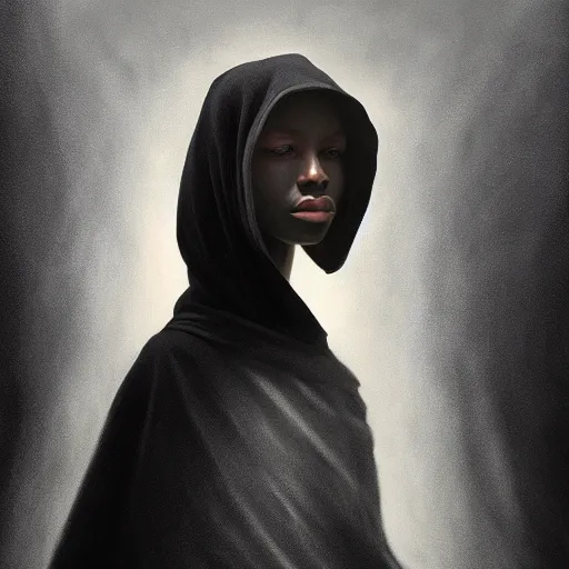 Image similar to a portrait of a young black woman wearing a long dark cloak, hood and shadows covering face, anatomically correct, beautiful perfect face, enigmatic, oil painting, matte painting, black background, Volumetric dynamic lighting, Highly Detailed, Cinematic Lighting, Unreal Engine, 8k, HD, by Beksinski