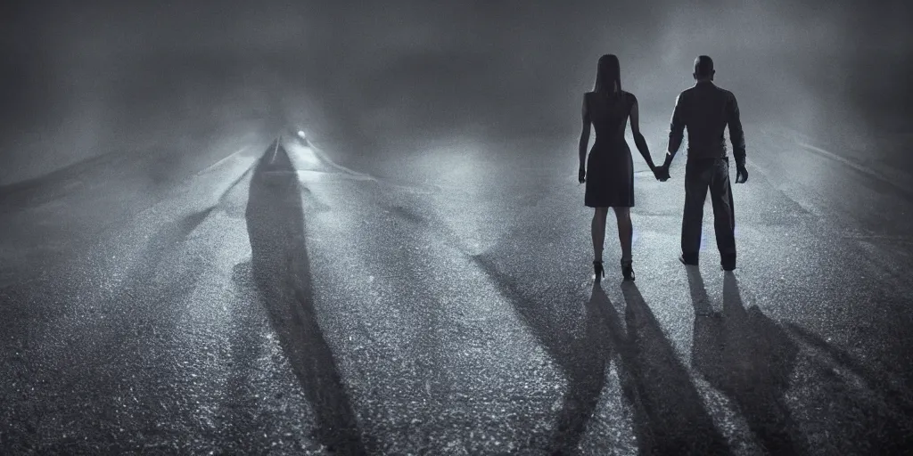 Image similar to A demon and a woman holding hands standing in the middle of the street at night, horror, horror photography, cinematic, cinematic lighting, volumetric lighting, atmospheric, octane render, unreal engine, HD, phot, realistic, photo realistic, hyper realistic, hyper realism, photo by Gregory Crewdson, film by Gregory Crewdson