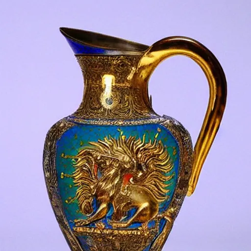 Image similar to A golden jug from times of Charlemagne (early 9th Century CE) decorated with technique of cellular enamel (cloisonné). On one hand, two lions by tree of life, and on other, there are two griffins.