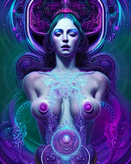 Prompt: beautiful realistic intricately detailed full frontal pose portrait of a sensual young dream goddess of the lucid realm, intricate halo of bubbles, droplets, neon swirls, tabs of lsd, solar flares, stardust, art by kilian eng, artgerm, greg rutkowski and h. r. giger, gothic, neo - gothic, ornamental, beautiful vivid colors
