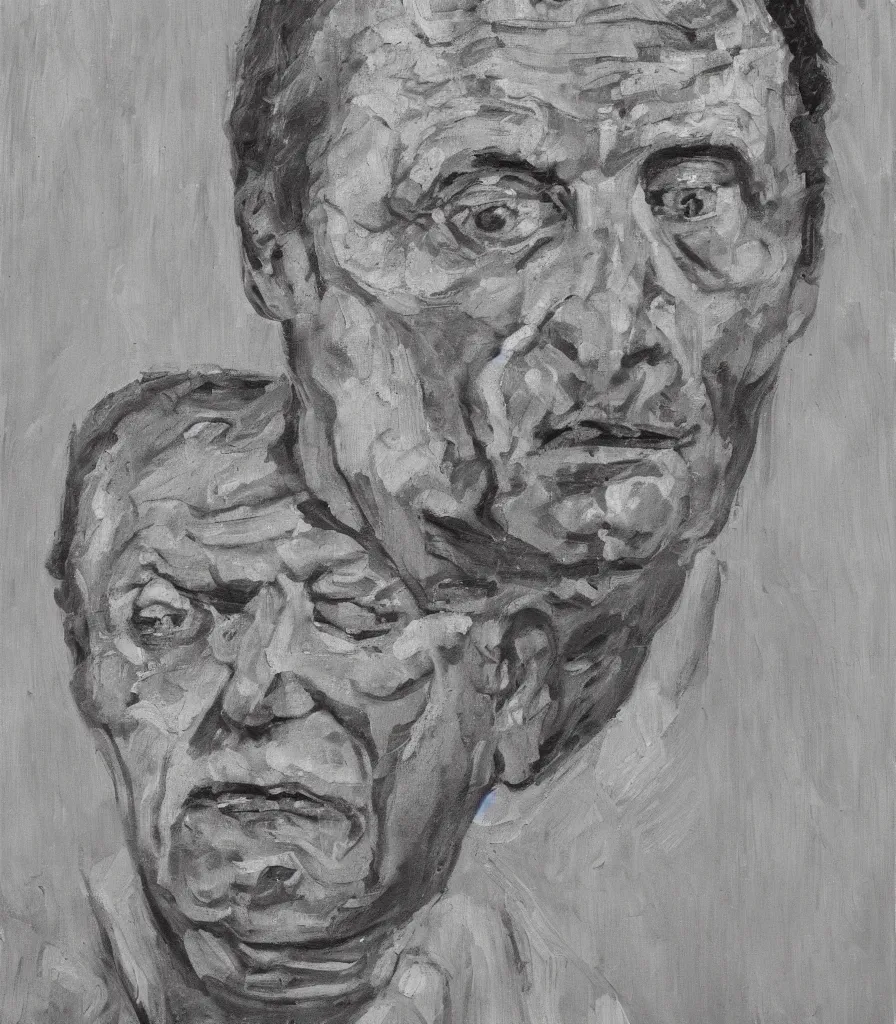 Image similar to close head shot of a vladimir wihtout shirt in the style of lucian freud self portrait. oil painting, thick brush strokes. gray background. hard light from top. perspective from below. 5 0 mm
