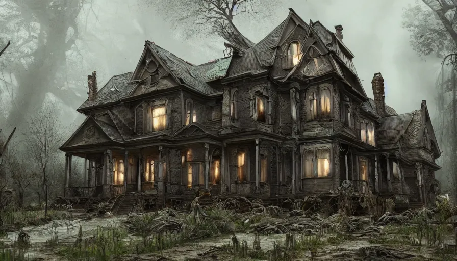 Image similar to old cracked damaged victorian house in the mud, dark forest, hyperdetailed, artstation, cgsociety, 8 k