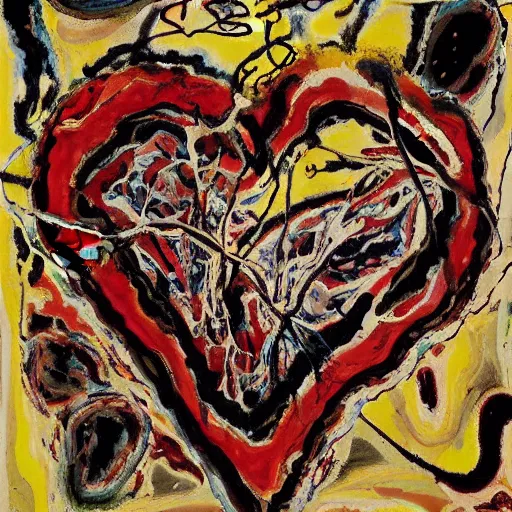 Prompt: jackson pollock painting of an anatomically correct human heart, organ, pathology specimen