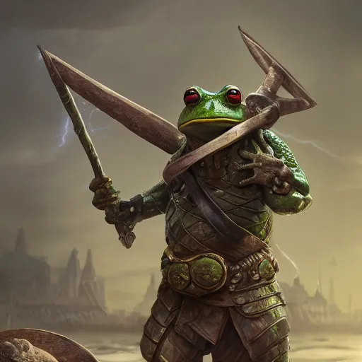 Prompt: a frog warrior with armour standing on two feet and lifting weights, cinematic lightning, artstation, hyperrealistic, extremely detailed, 8 k, trending, matte painting,