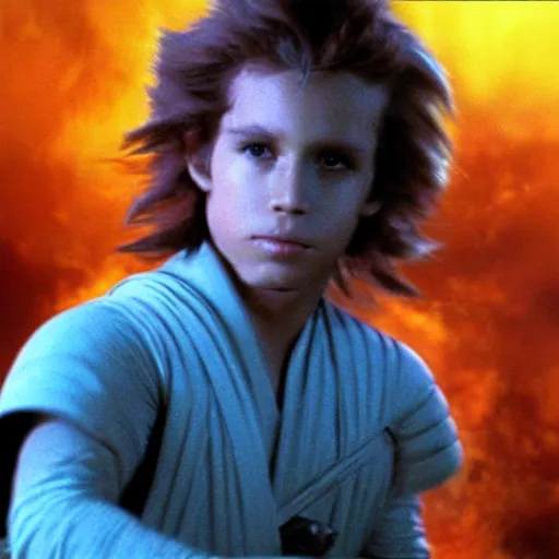 Prompt: a still of a boy with firey hair in star wars 1 9 7 7, realistic, photorealistic, detailed,