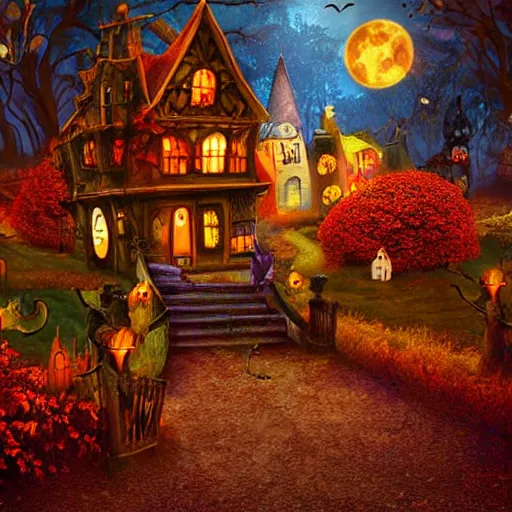 Image similar to Spooky Autumn Fantasy Art Halloween Village Decorations Flowers Glowing ghosts at night