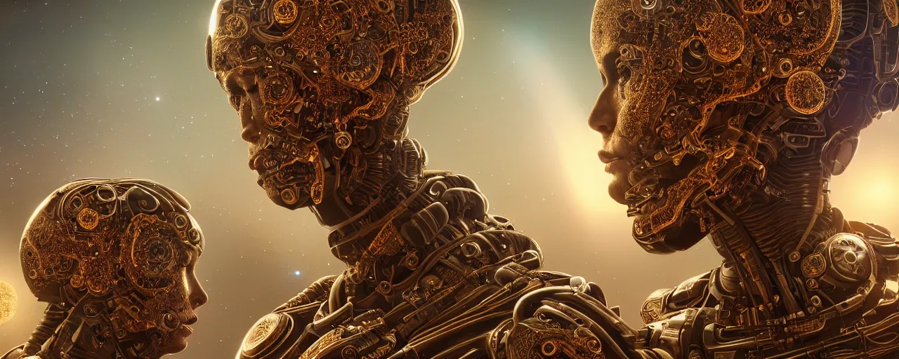Prompt: portrait of symmetrical friendly cyborgs, with detailed facial features, repairing an orchard in space, with fruit trees, near a galaxy, insanely detailed and intricate, golden ratio, elegant, ornate, elite, haunting, matte painting, cinematic, trending in cgsociety, unreal engine, 8k, miyazaki, vivid and vibrant
