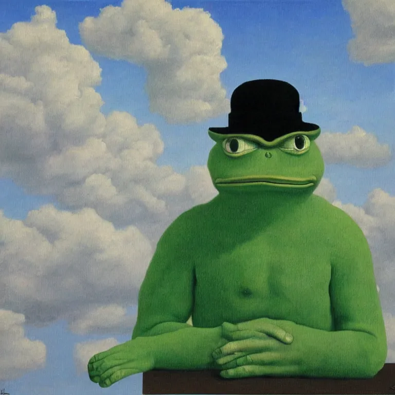 Image similar to cloud - man but pepe the frog, by rene magritte, centered, detailed painting, hd, hq, high resolution, high detail, 4 k, 8 k