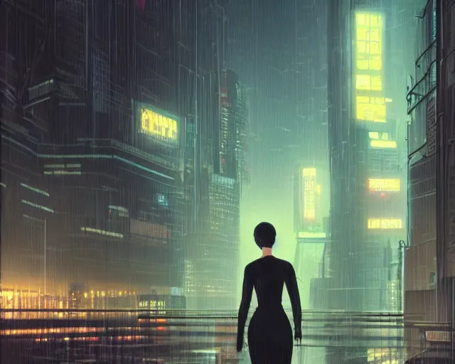 Image similar to a woman standing in front of a city at rainy night, cyberpunk bladerunner 1 9 8 2 art by ilya kuvshinov, cgsociety, retrofuturism, ilya kuvshinov, artstation hd, artstation hq