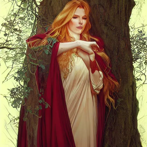 Image similar to portrait of a woman resting on large tree, dark red cloak, blonde hair, green lines, sharp focus, intricate, cinematic lighting, smooth, ultra realistic illustration, high fantasy, elegant, by artgerm, greg rutkowski, alphonse mucha magali villeneuve