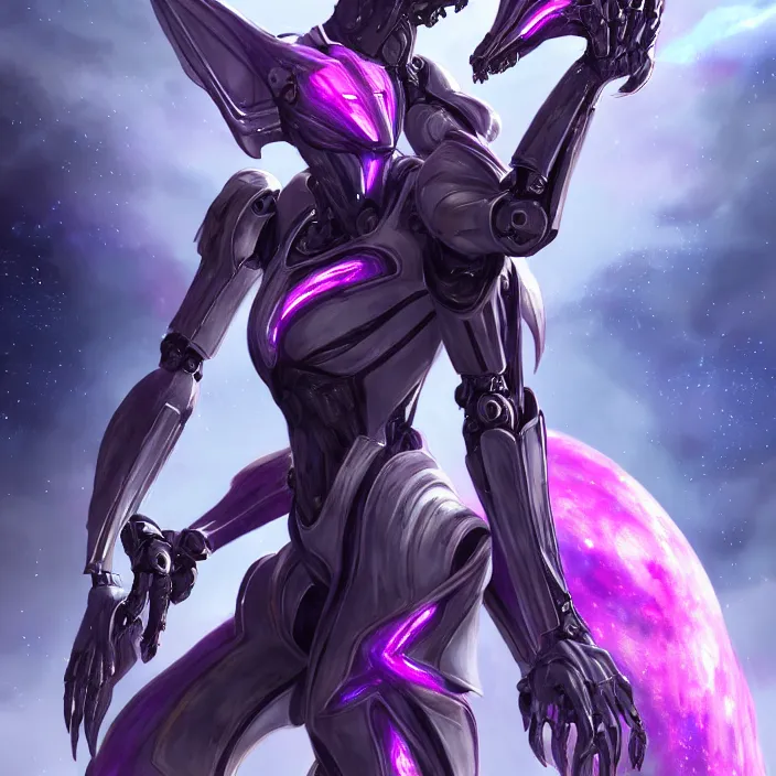 Image similar to cinematic close shot, cosmic sized proportional stunning beautiful hot female warframe, detailed robot mecha female dragon head, metal ears purple eyes, sleek silver armor, fuschia skin, floating in empty space, nebula sized, posing elegantly, epic proportions, epic size, epic scale, furry art, dragon art, giantess art, warframe fanart, furaffinity, deviantart