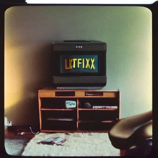 Image similar to a living room in 1982 A square CRT TV is on, with Netflix on the screen!!!!! The only light in the room is the light from TV. Polaroid photograph