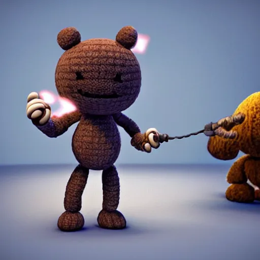 Image similar to cute fluffy sackboy cuddling a woolen earth, magical sparks flying around it in circles, 3d rendered, Ultra HD