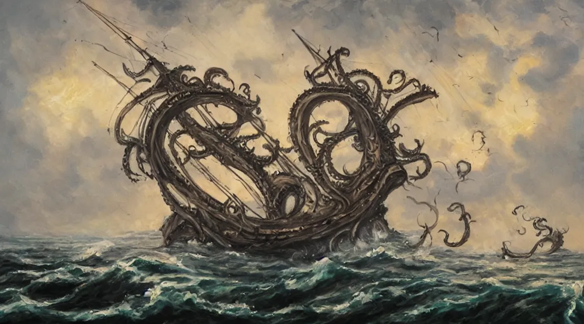 Image similar to oil painting of a kraken attacking a pirate ship