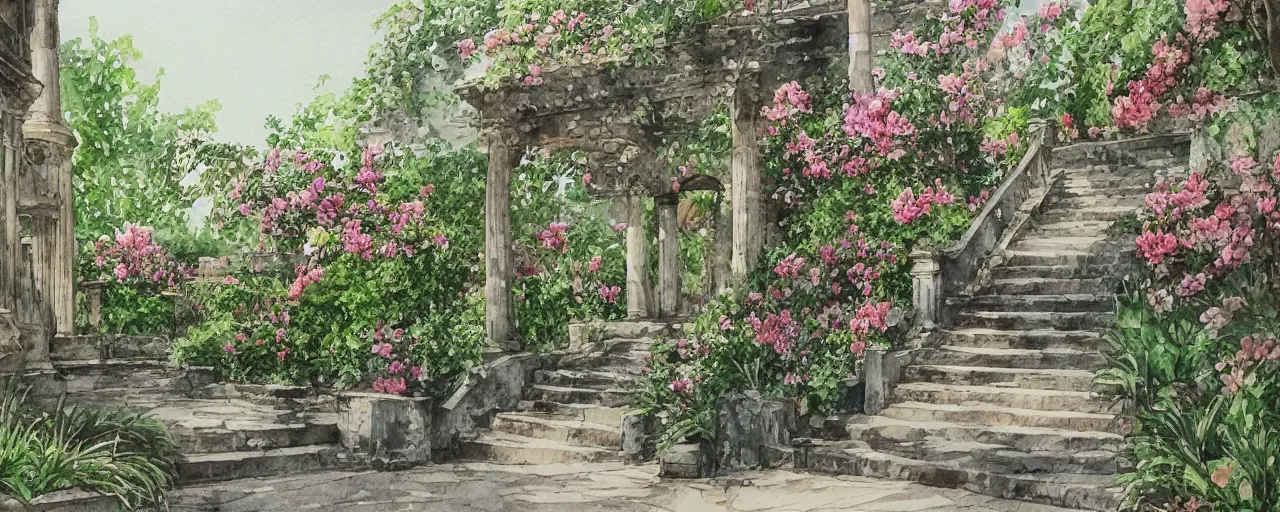 Image similar to isomeric view, stairway, chairs, delicate water in a botanic garden, garden road, sparrows, temple in a botanical herbarium paper, watercolor colored painting, iridescent colors, 8 k, realistic shaded, fine details, artstation, italian style, colonnade, huge flowers, architecture