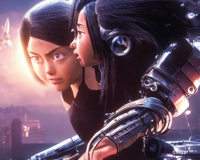 Image similar to a beautiful film still from battle angel alita, futuristic, cinematic lighting, photorealistic, lifelike, highly detailed, photorealistic, high resolution