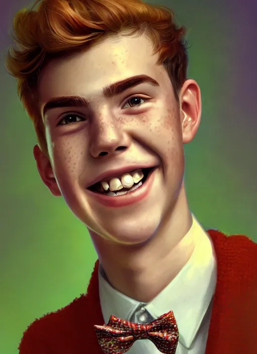 Image similar to portrait of teenage archie andrews, freckles, curly middle part haircut, curly hair, middle part hairstyle, smiling kindly, wearing a bowtie and sweater vest, intricate, elegant, glowing lights, highly detailed, digital painting, artstation, concept art, smooth, sharp focus, illustration, art by wlop, mars ravelo and greg rutkowski