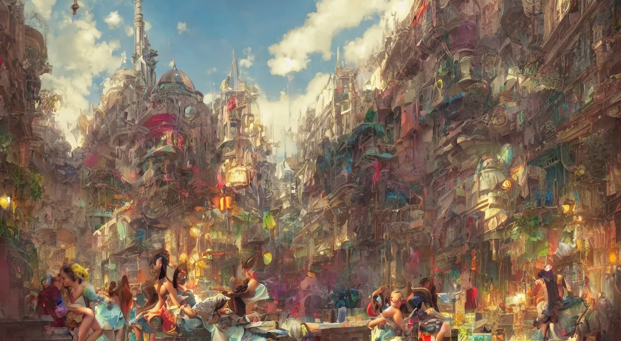 Image similar to bazaar zouk oriantal place mosquet multicolorful sky shine matte painting, street art, trending on artstation, by huang guangjian and gil elvgren and sachin teng