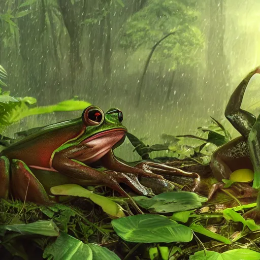 Image similar to Camp with wild humanoid frogs in the middle of the jungle, 8k, detailed, concept art, trending on artstation