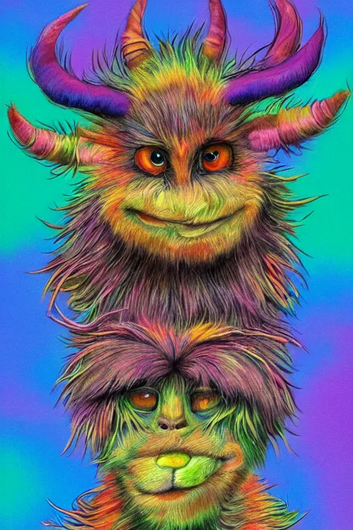 Prompt: a multicolored furry monster with a fuzzy horns, a character portrait by jim henson, behance contest winner, psychedelic art, behance hd, irridescent, colorful, centered, matte background