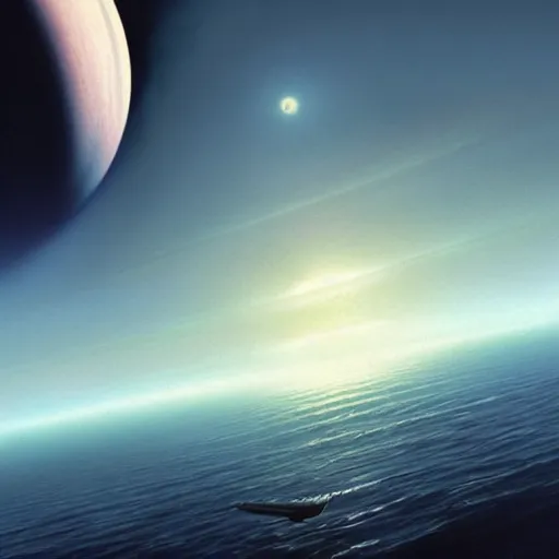 Image similar to beautiful matte painting of a dreamy ocean with clouds, sci - fi, daylight, blue sky, cinematic lighting, cinematic perspective, black hole planet above, syd mead, john harris, federico pelat, detailed, 4 k, hd