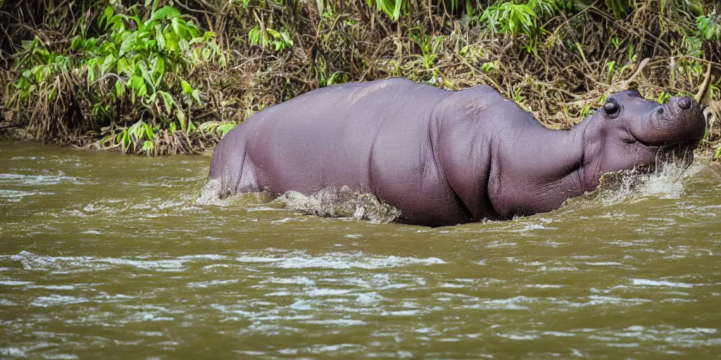 Image similar to a single hippo in a river in the jungle. the hippo has large wings. extremely high fidelity, natural lighting