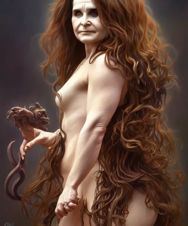 Prompt: ozzy osborne as a female fantasy satyr, portrait, fantasy, intricate, elegant, highly detailed, digital painting, artstation, concept art, smooth, sharp focus, illustration, art by artgerm and greg rutkowski and alphonse mucha