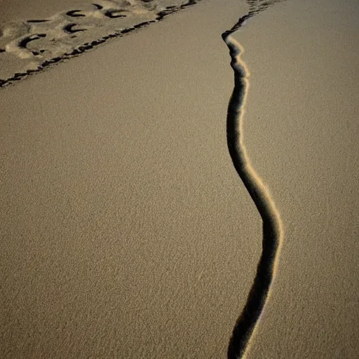 Prompt: The ocean is a Turing machine, the sand is its tape; the water reads the marks in the sand and sometimes erases them and sometimes carves new ones with tiny currents that are themselves a response to the marks.