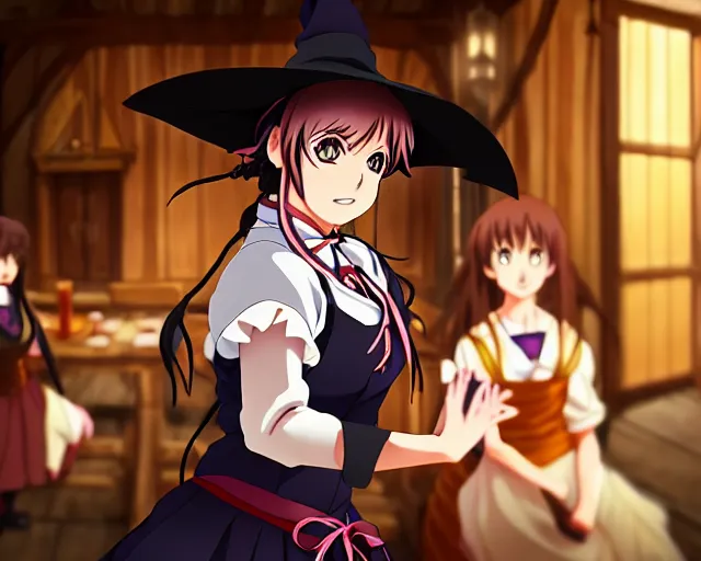 Image similar to key anime visual portrait of a young female witch in a tavern interior defending a companion, dynamic pose, dynamic perspective, cinematic, dramatic lighting.