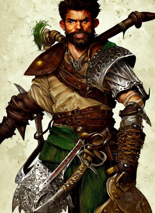 Image similar to strong young man, photorealistic bugbear ranger holding sword, fire magic, black beard, dungeons and dragons, pathfinder, roleplaying game art, hunters gear, jeweled ornate leather and steel armour, concept art, character design on white background, by norman rockwell, makoto shinkai, kim jung giu, artstation trending, poster art, colours red and green