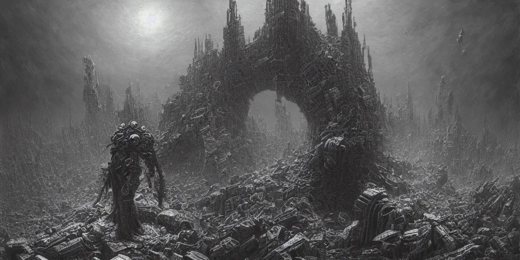 Image similar to destructive overlord robot ai apocalyptic future, futuristic, art by gustave dore, charles mottram, zdizslaw beksinski, victor mikhailovich vasnetsov, 8 k hd, highly detailed, death