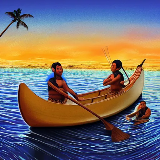 Prompt: maui and his brothers in a traditional maori waka canoe, fishing up an island, highly detailed, photorealistic, pulitzer prize winning, golden hour, sunset