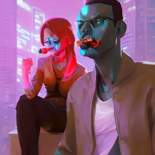 Image similar to two cyberpunk hyperrealistic figures smoking hookah official fanart behance hd artstation by jesper ejsing, by rhads, makoto shinkai and lois van baarle, ilya kuvshinov, ossdraws