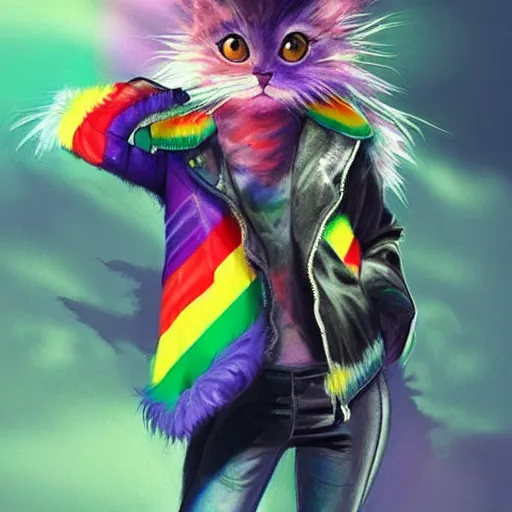 Image similar to wide angle full body, jacket wearing fluffy cute rainbow kitten wearing a black leather motorcycle jacket, cinematic concept art