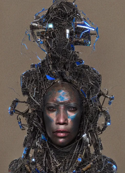 Image similar to portrait of a futuristic african voodoo wizard cyborg, made from million point clouds, in the style of ghost in the shell, kintsugi, modern fine art, fractal, intricate, elegant, highly detailed, digital photography, subsurface scattering, by jheronimus bosch and greg rutkowski,