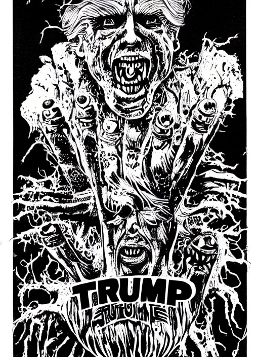 Image similar to Donald Trump's disgusting true form on a 1990s horror movie poster, inking, vintage 90s print, detailed, scary, horror, screen print, trending on artstation