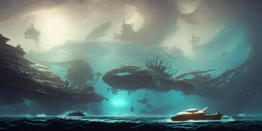 Prompt: a highly detailed concept art 8 k render of undersea world, james paick, greg rutkowski, sunken ship, fish, whale, coral, jellyfish, cinematic lighting, artstation, peter mohrbacher, game asset, unreal engine, illustration, digital painting, sharp focus,, mythological, ultra realistic