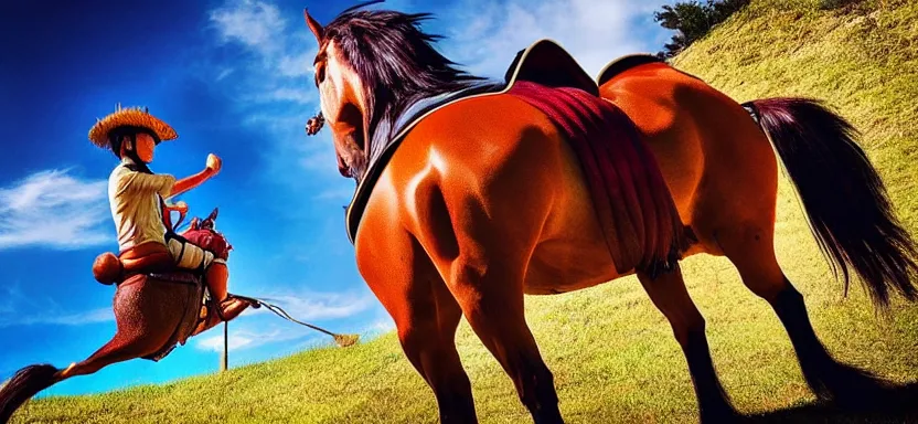 Image similar to “ luffy riding horse, side shot, 8 k resolution, high detailed ”