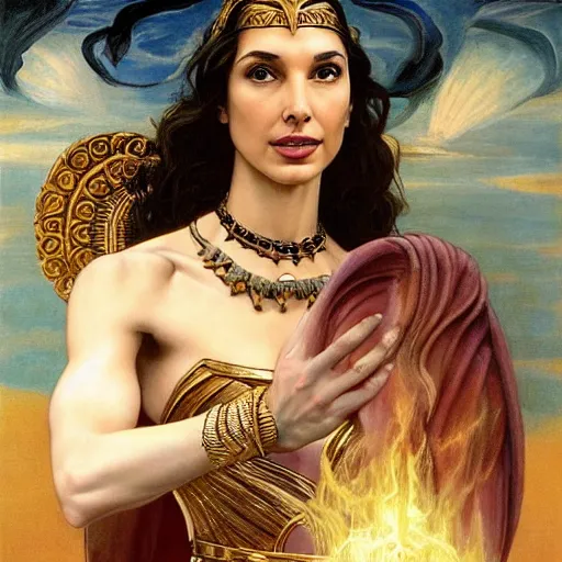 Prompt: Full body oil painting of the beautiful goddess Gal Gadot as Atenea, she is wearing roman clothes and a surreal jewelry, her hair is natural disheveled, she is approaching heaven over the clouds, naturalism, dramatic lighting, high-detailed oil painting by Ilya Repin, Michelangelo da Caravaggio, William Blake, Alex Grey and Beksinski, trending on Artsation, hystorical painting, naturalism, masterpiece, 4k, 8k,