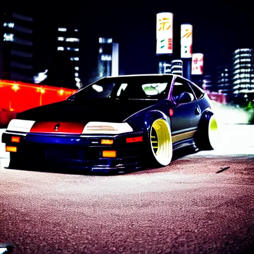 Image similar to a car 300ZX twin turbo drift at illegal car meet, Shibuya prefecture, city midnight mist lights, cinematic lighting, photorealistic, highly detailed wheels, high detail