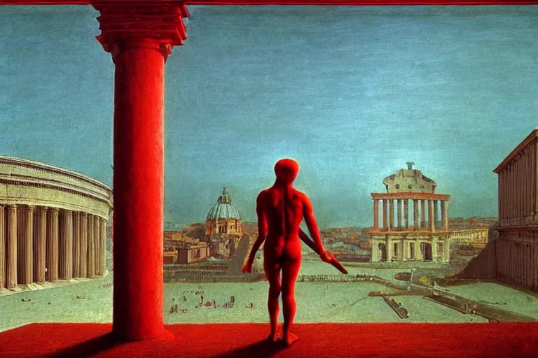 Image similar to only with red, caesar after win war, the deal, a red tiger, in hoc signo vinces, rome in background, an ancient path, in the style of beksinski, part by hopper, part by rodcenko, part by hofbauer, intricate composition, red by caravaggio, insanely quality, highly detailed, masterpiece, red light, artstation