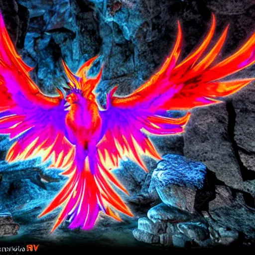 Image similar to bright flame pheonix in a dark cave scenematic 4k