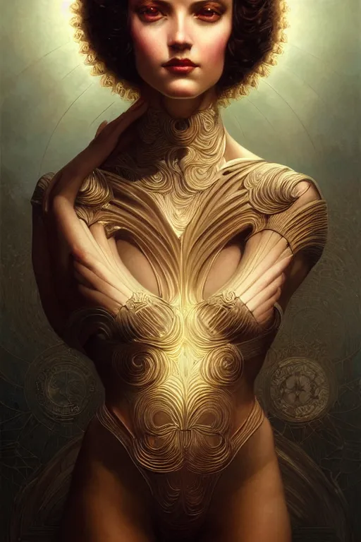 Image similar to a beautiful hyperrealistic portrait pose of a stunning Art Deco model in a sunbeam, intricate, elegant, highly detailed, smooth, sharp focus, award-winning, masterpiece, in the style of Tom Bagshaw, Cedric Peyravernay, Peter Mohrbacher