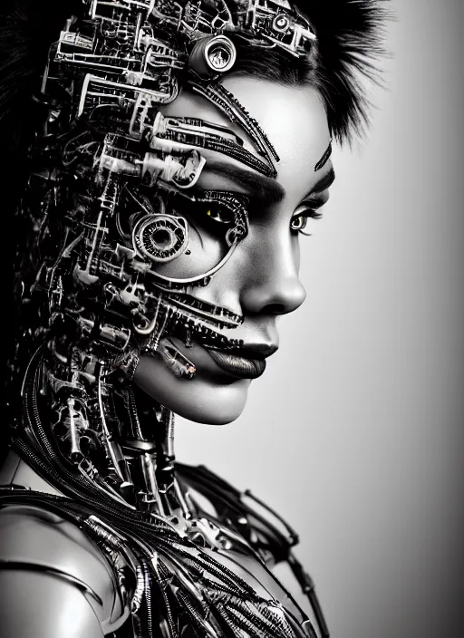 Image similar to a stunning young woman mixed crow mixed cyborg profile face, face is made intricate tribal bio - mechanical, editorial photography, bw, shot on 7 0 mm, depth of field, f / 2. 8, high contrast, 1 6 k, volumetric lighting, shiny, insanely detailed and intricate, hypermaximalist, elegant, ornate, hyper realistic, super detailed