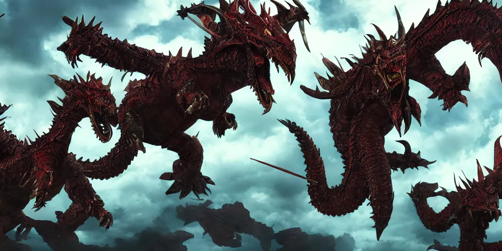 Prompt: photorealistic art of Megazord fighting Tiamat the 5 headed dragon, cinematic lighting, 8k, intricate detailing