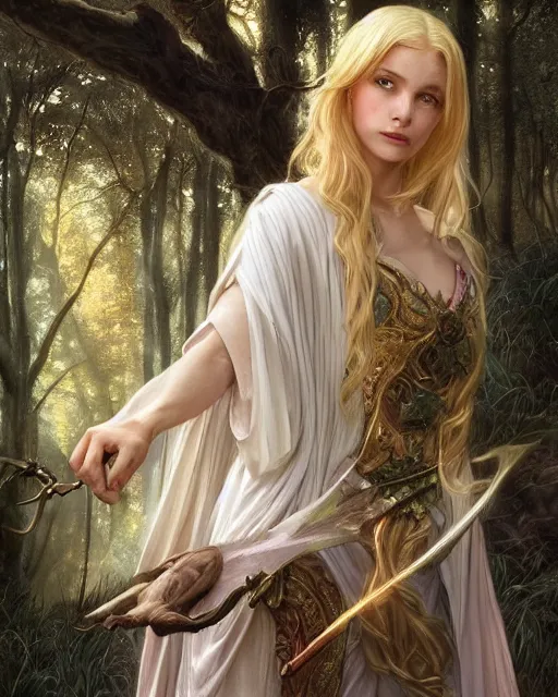 Image similar to blonde young mage casting a spell wearing a heavy cloak and chemise in the forest, fantasy character portrait, ultra realistic, intricate, elegant, highly detailed, digital painting, artstaion, smooth, sharp, focus, illustration, art by artgerm and greg rutkowski and alphonse mucha